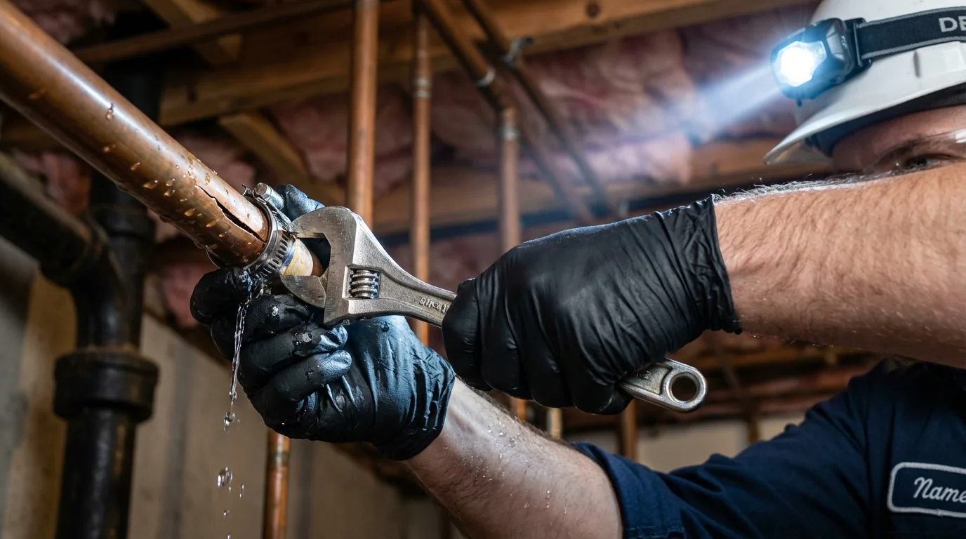 Emergency pipe clamp repair being performed by a Johns Plumbing LLC plumber in Berry